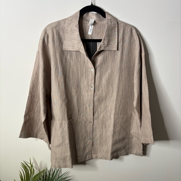 MarlaWynne Tops - Marla Wynne Striped Linen Box Shirt Tan Neutral Beige Button